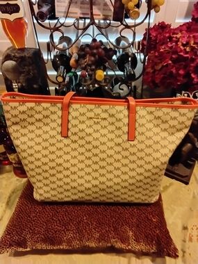 Michael Kors Beige MK Logo Tote with Orange Trim